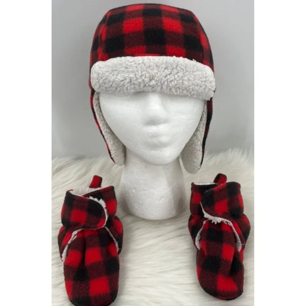 Hudson Baby 18/24 Mos Buffalo Check Plaid Aviator Trapper Hat Mitten Bootie Set